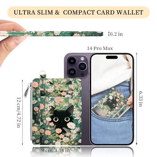 Image of Hancynir Black Cat Floral Slim Wallet Women Credit Card Holder, Small RFID | Zipper Pocket Wallet, Thin Travel Coin Purse, PU Leather, Minimalist Card Case, 6 Card Slots, ID Window, Ladies Women Gifts
