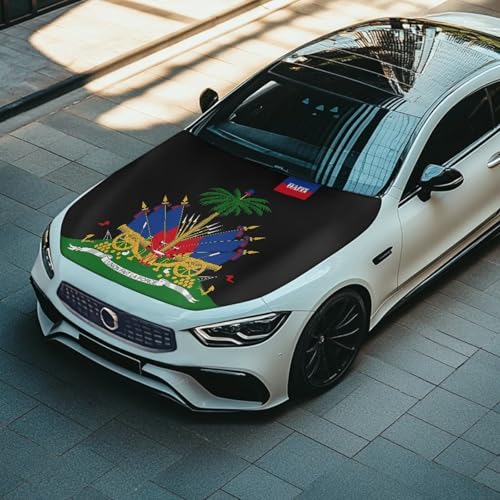 Image of Renewold Flag of Haiti Pattern Car Hood Cover for Automobile Vehicle Hood Protector Party Festival Celebration Decor Outdoor Wrap Blanket Exterior Car Accessories Gift for Women Men