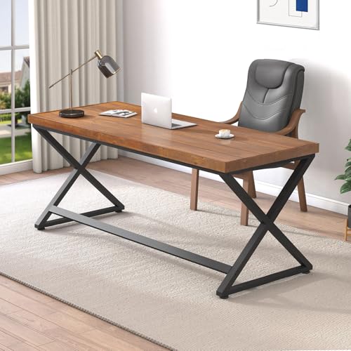 IBF Bureau Bois Massif Rustique Industrielle Naturelle Bois Véritable pour étude Bureau en Bois et métallique Table d'ordinateur pour la Maison Le Bureau...