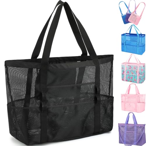 Fammart Mesh Beach Bag, Large Beach Tote with Zipper Pocket, Toys Pool Bag for Family Travel...