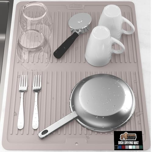 Gorilla Grip 100% Bpa-Free Patented Silicone Dish Drying Mat For Kitchen Counter, 18X24 Inch, Water Catching Ribbed Design, Easy Clean Waterproof Sink Liner, Heat Resistant, Fits Under Rack, Almond