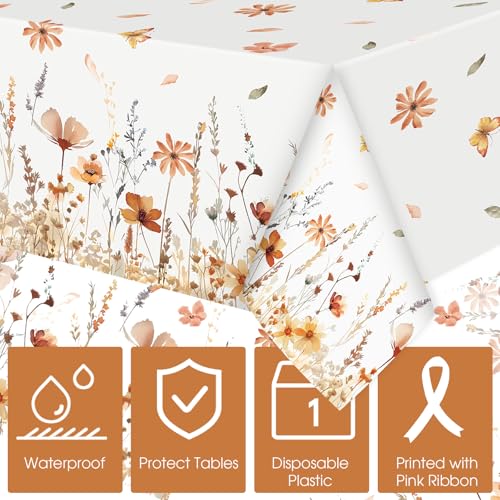 Image of Ganeen 3 Pcs Fall Floral Tablecloth Thanksgiving Autumn Disposable Plastic Table Cloth Wildflower Table Covers Rectangle for Thanksgiving Birthday Wedding Fall Party Decorations, 54 x 108 Inch