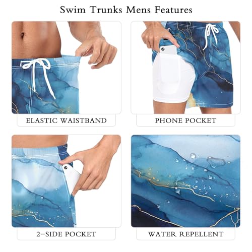 xigua Blue and Gold Marble Mens Swim Trunks with Liner, 5 inch Quick Dry Mens Boardshorts for Beach3