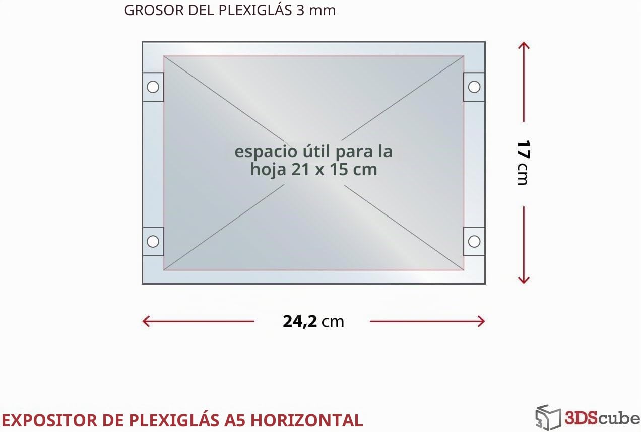 2 expositores de metacrilato de pared con bolsillo abatible, porta avisos y folletos formato A5 horizontal 21 x 15 cm, con espaciadores de aluminio cepillado, para anuncios, carteles, horarios de