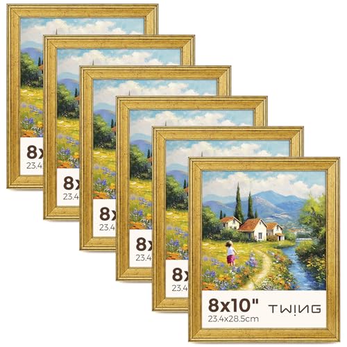 Image of TWING 8x10 Gold Picture Frames Set of 6,Rustic Gold Frames Display Pictures 5x7 with Mat or 8x10 without Mat,Tabletop Display and Wall Mounting Collage Photo Frame Set for Wall Gallery