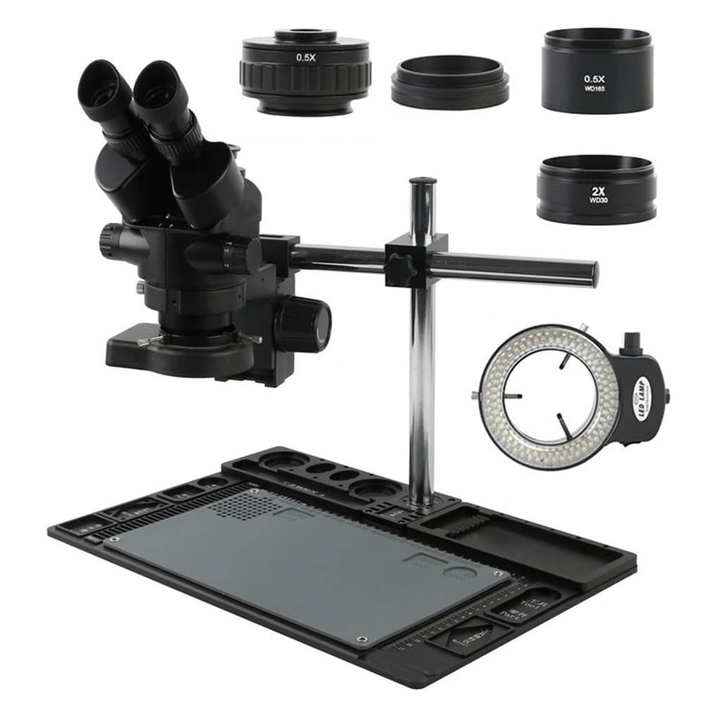 Microscope 3.5X-90X Continuous Zoom Simul Focal Trinocular Stereo Microscope 144 LED Ring Light for PCB Soldering Phone Repair Platform