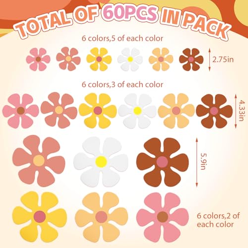 Image of Henoyso 60 Pcs Groovy Party Decorations Retro Flower Cutouts Daisy Decor 60s 70s 80s Hippie Paper Cutouts for Birthday Party DIY Wall Office Home(Groovy Color,Assorted Sizes) (Pack of 3)