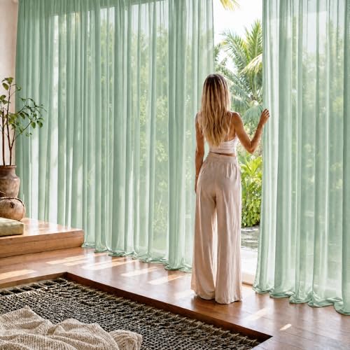 Image of NICETOWN Sage Green Sheer Curtains for Living Room, W42xL96, 2 Panels | Rod Pocket Lightweight Drapes Voile Sheer Air & Breathable Elegant Modern Window Treatments for Bedroom