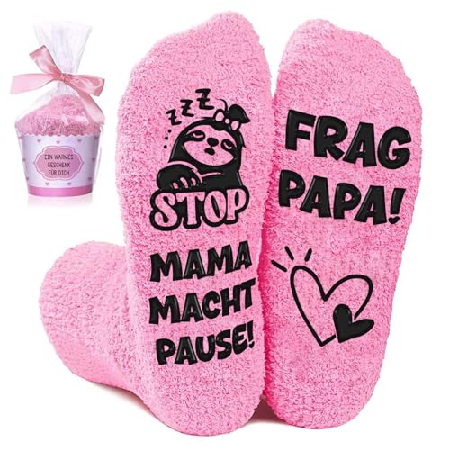 BOYATONG Geschenke für Mama, Lustige Socken mit Spruch Stop MAMA MACHT PAUSE FRAG PAPA, Mutter Geschenk Geburtstag Weihnachten