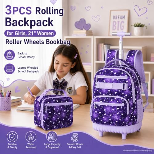 Image of 3Pcs Rolling Backpack for Girls Teens, 19 inch Wheeled Backpack with Lunch Box, Polka Dots Travel Roller Backpack for Women College Students (Purple)