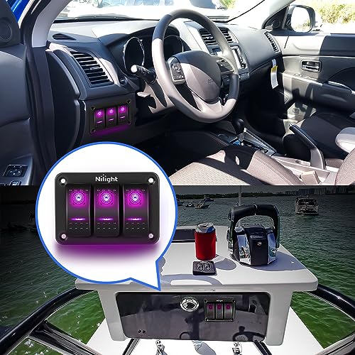 Image of Nilight 3 Gang Aluminum Rocker Switch Panel Pre-Wired | 5 Pin ON Off Pinkish Purple Toggle Switches SPST 12V 24V Night Glow Stickers for Cars Marines Boats Campers RVs