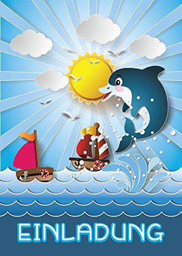 JuNa-Experten 12 Tarjetas De Invitación Con 12 Sobres Para Cumpleaños Infantiles Para Niños Y Niñas, Delfines/sobres/invitaciones Bonitas Y Coloridas Para Cumpleaños (12 Tarjetas + 12 Sobres