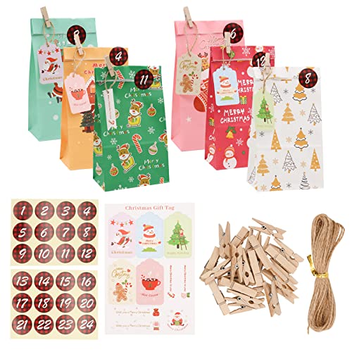 Adventskalender zum Befüllen, 24 Bunt Geschenk Papiertueten, Adventskalender Tüten mit 24 Zahlensticker , DIY Weihnachtskalender Selber Basteln für Männer Kinder (Buntes Papier) Cover