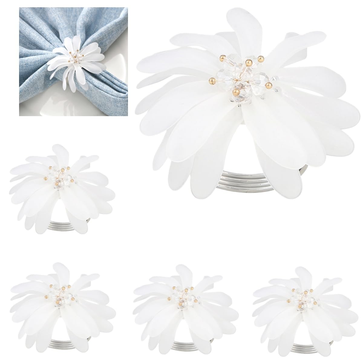 Rond De Serviette en Métal Lot de 60 Ronds De Serviette Blancs Givrés a Motif Chrysanthème Parfaits pour Les Mariages Les Dîners Les Anniversaires Et Les Réunions De Famille