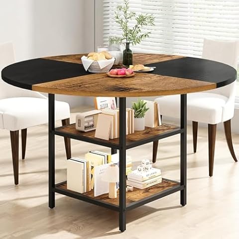 AWQM Round Dining Table for 4-6, Round Kitchen Table Wood Dinner Table with Storage Shelf,47 inch Circle Table Dining Room Table for Dining Room Living Room,Rustic Brown Cover