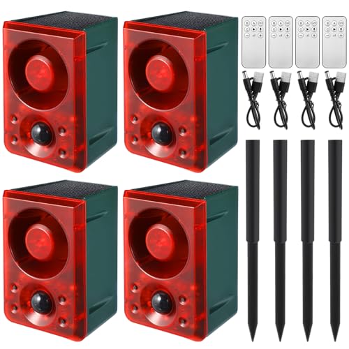 Qualirey 4 Pcs Solar Outdoor Motion Sensor Alarm with Stake Gunshot Sound Dog Barking, 3 Modes Support Recording and Adjustable Volume USB Charging 129 dB Loud Noise Maker for Animal Deterrent