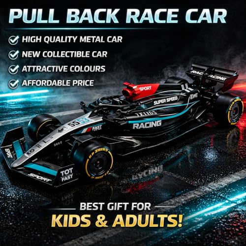 Image of Mercedes-AMG F1 W15 Pull Back Race Car Toy, 1:36 Scale Die-Cast Metal Formula Racing Car Model, Pull Back Action Toy Car for Kids Boys Girls 3+ & Racing Enthusiasts (Black with Blue)