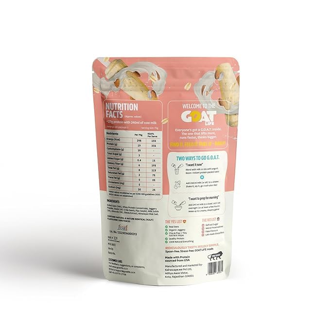 Image of GOAT Life Overnight Oats | 20g Protein | High Fibre | Nutrient-Rich | No Sugar | Gluten-Free & Vegan | Supports Weight Management & Muscle Recovery | Instant Breakfast (Almond Kulfi, Pack of 10)