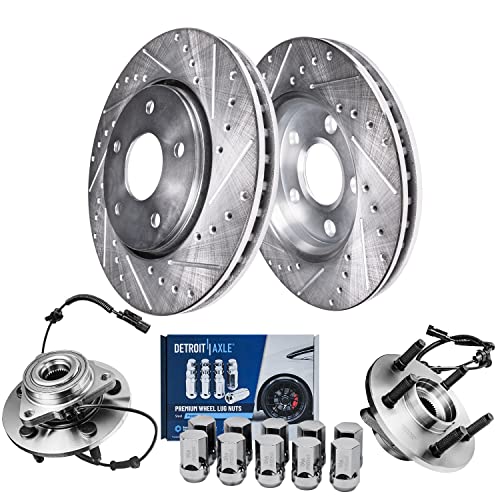 Image of Detroit Axle - Front Drilled & Slotted Brake Rotors Wheel Hub Bearings + | 10pc Wheel Lug Nuts Replacement for 2006-2009 Dodge Ram 1500