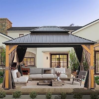 12'x14' Hardtop Gazebo, Outdoor Cedar Wood Frame Canopy with Galvanized Steel Double Roof, Outdoor Permanent Metal Pavilion with Curtains and Netting for Patio, Backyard and Lawn(Brown)