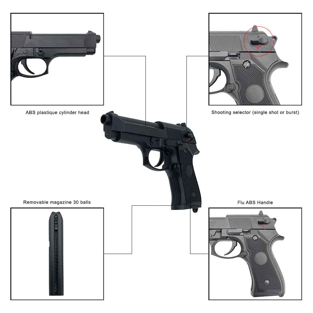 Airsoft-Pistolet électrique M9 AEP Noir CM126 / Mode Coup Unique ou rafales/Couleur Noir/Plastique et métal/Puissance 0.5 Joule