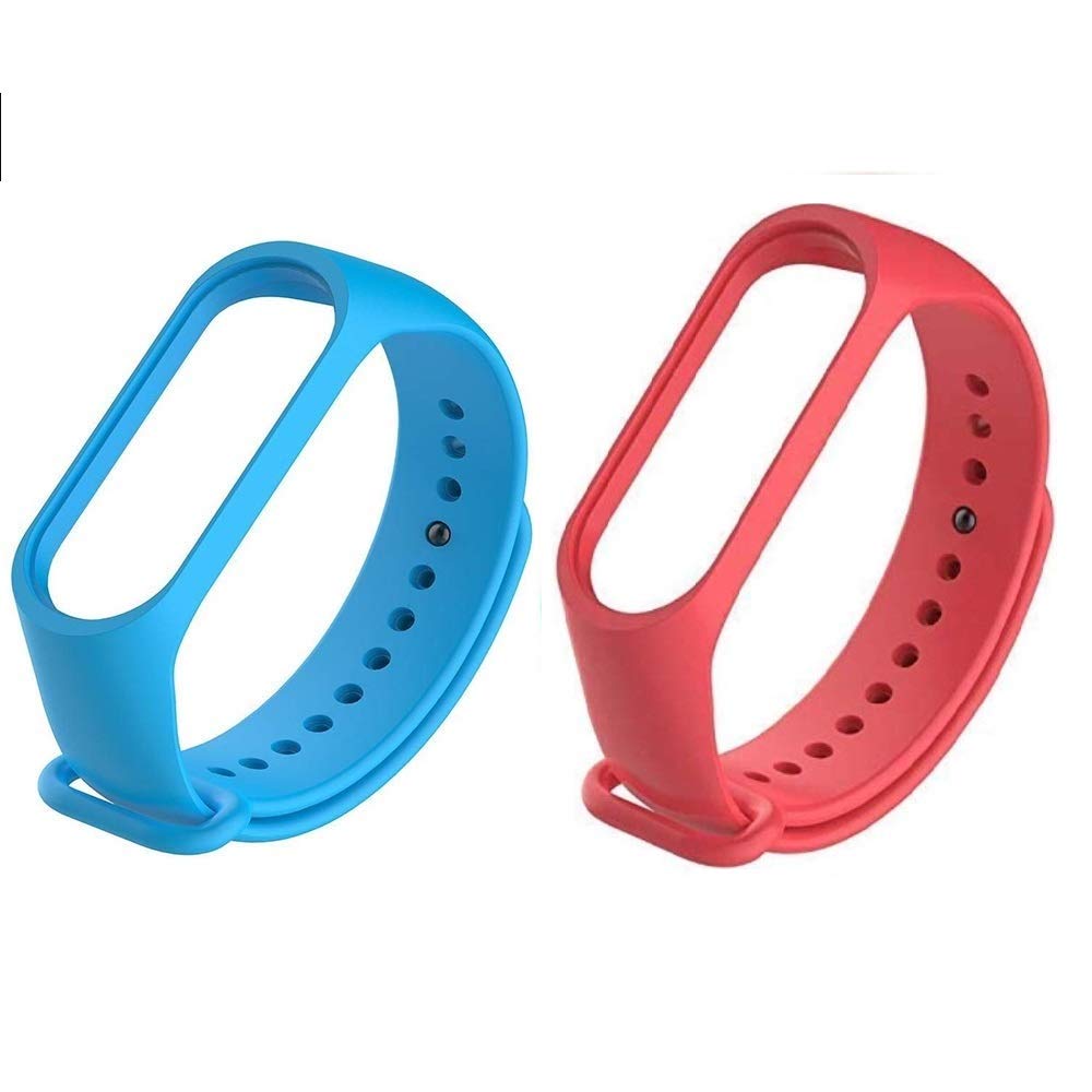 Hadwin Adjustable Silicone Strap Compatible for Mi Band 3 / Mi Band 4 (Combo Pack, Pack of 2) (Sky Blue-Red)