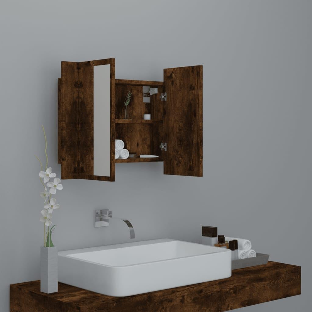 vidaXL Mobile a Specchio LED Rovere Fumo 60x12x45 cm Legno Multistrato, Mobile da Bagno a Specchio, Mobile con LED, armadietto a Muro con LED