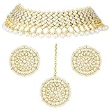 Aheli Bollywood Style Faux Kundan Beaded Choker Necklace Round Stud Earrings Maaang Tikka Indian Jewelry Set for Women