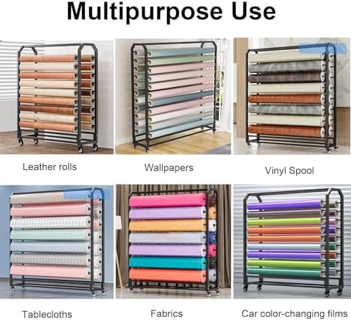 Easy Installation Shower Curtain Rod Adjustable Corner Ceiling Support Curved Rod,Adjustable Fabric Roll Storage Rack - 10 Rods, 63in Rolling Organizer for Vinyl, Leather, Curtains & Wallpap