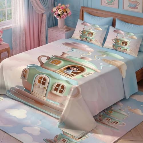 Image of 7D Fairy Tale Tea House Collection Double Bedsheet 90x100 inch with 2 Pillow Covers | Good Stitching, Soft Fabric & Vibrant 7D Digital Print for Kids & Couples (White)