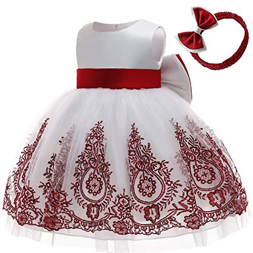 Image of CMMCHAAH 0-6T Baby Girls Pageant Lace Embroidery Dresses Toddler Party Bowknot Tutu Gown Dress with Headwear