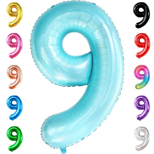 Image of KatchOn, Giant Light Blue Number 9 Balloon - 40 Inch | Foil 9 Birthday Balloon for 9th Birthday Decorations | 9th Anniversary Decoration | Green Party Decoration