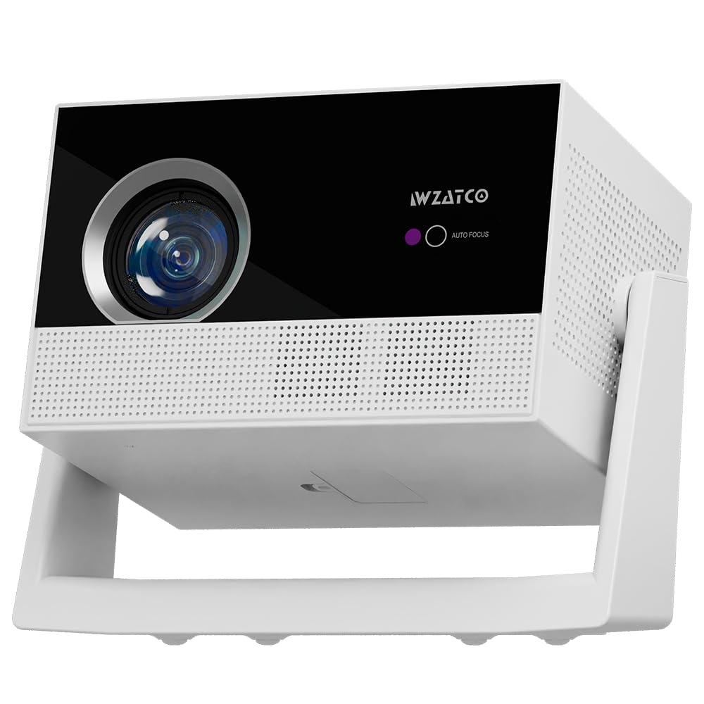 wzatco yuva lunar, android 14, fully automatic, native 1080p fhd projector 4k ultra hd, 750 ansi, sealed engine, hdmi arc, dual speakers, wifi 6 & bt, portable room cinema, white