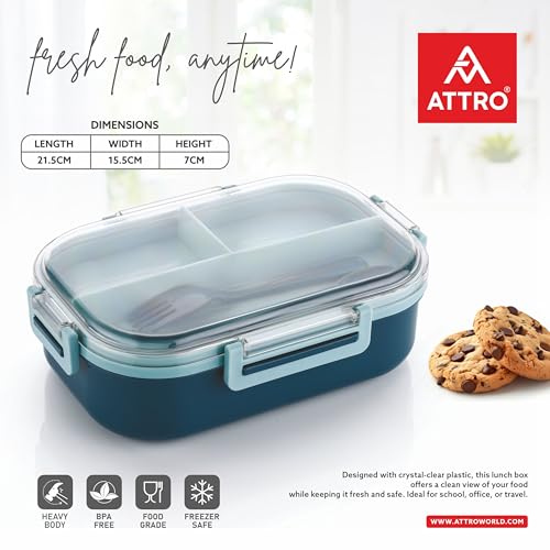 Image of ATTRO Carry Fresh Kids Plastic Lunch Box 3 Compartments & Fork, BPA-Free, Food-Grade, Ideal for School, Picnic, Travel & Outdoor Use- Blue, 500 ml