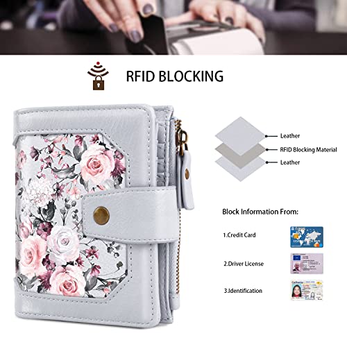 Image of Wallets for Women RFID Blocking Wallet Small Bifold Leather Pocket Wallet Ladies Mini Purse with ID Window,Grey Flower