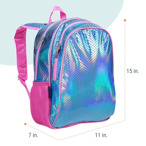 Image of Wildkin 15 Inch Backpack for Kids, Mermaid Scales | Ages 5-10, padded straps, side water bottle pocket - coordinates with matching Wildkin lunch boxes