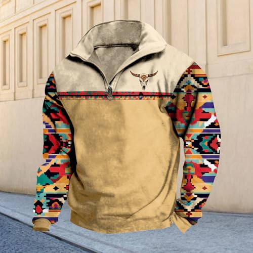 Aztec Cowboy Mens Hoodie Vintage Graphic Western Hoodies Casual Long Sleeve 1/4 Zip Pullover Mens Country Jacket2