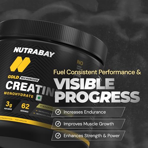 Image of Nutrabay Gold Micronised Creatine Monohydrate Powder 3000 mg Creatine per Serving, NABL Lab Tested - Increases Muscle Mass, Strength & Power - Pre /Post Workout Supplement - 250g, Pineapple
