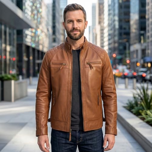 Image of Leather Jacket Men - Real Lambskin Motorcycle Jacket with Snap Tab Collar, Adjustable Waist & Zippered Pockets