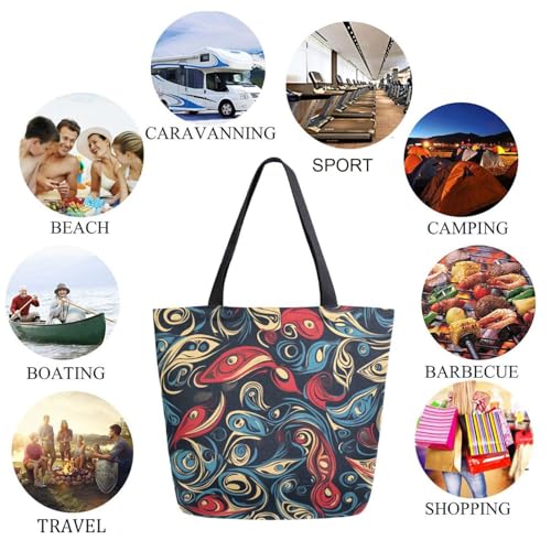Ethnic Blue Red Decorative Fish Extra Large Canvas Gym Shoulder Tote,Durable Daily Reusable Top Handle Bag for Mens Womens Yoga Weekender Picnic Beach Travel Market Shopping4