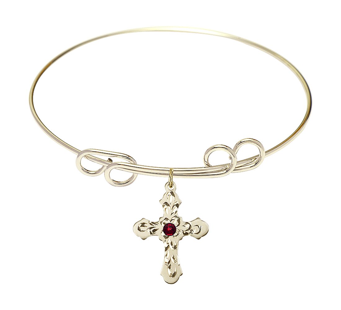 8 inch Round Double Loop Bangle Bracelet w/ Cross medal charm w/ January Red Swarovski Crystal