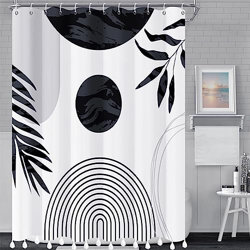 Toengs Boho Shower Curtains For Bathroom Black And White Shower Curtain With Tassel Pendants Boho Decor - 72" X 72" Bohemian Mid Century Western Abstract Waterproof Bath Curtain #TOP7