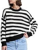 PrettyGuide Women's Open Wave Stripe Sweaters Loose Knit Crochet Hollow Out Cotton Sweater Tops Black & White Striped L
