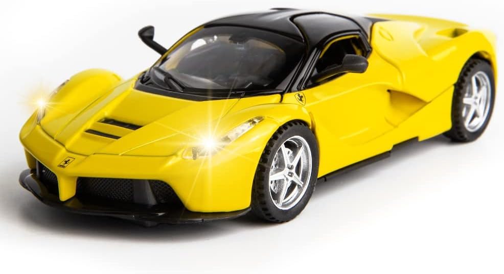 Image of 1 /32 Ferrari Race Model Car and LaFerrari Toy Car, Pull Back Vehicle Alloy Diecast Model, Openable Doors, Collectible Gift Cars for Kids (Yellow)