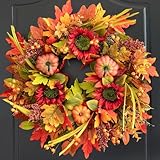 Fall Wreaths for Front Door 24 Inch- Full&Realistic Autumn Maple Leaves Wreath,Large Fall Door Wreath with Sunflower,Pumpkin,Berries for Thanksgiving Harvest Festival Decorations
