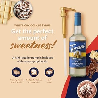 Torani Sugar Free Coffee Syrup, White Chocolate Flavored Syrup for Drinks, Zero Calorie, Glass Bottle 4-Pack, Pumps Included, 25.4 Fl Oz Ea