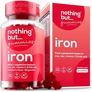 Natural Iron Supplement for Women and Men with a Delicious Mixed Berry Flavor – Chewable Vegan Iron Supplements w/Vitamin C, Zinc, Folic Acid & B Vitamins – 60 Iron Gummies for Anemia