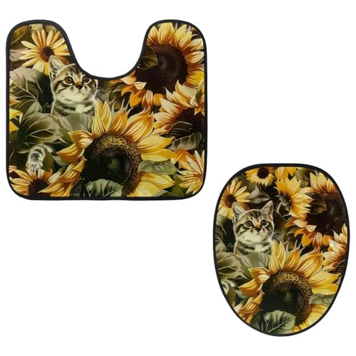 MUOOUM Toilet Lid Cover and U-Shaped Toilet Floor Mat Set of 2 Pieces, Kitten and Sunflowers Pattern Toilet Mat Set, Machine Washable Seat Covers Non-Slip Absorbent Rugs