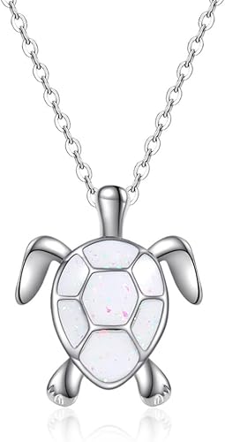 ATIMIGO Cute White Sea Turtle Pendant Necklace Created Opal Necklace Silver Chai