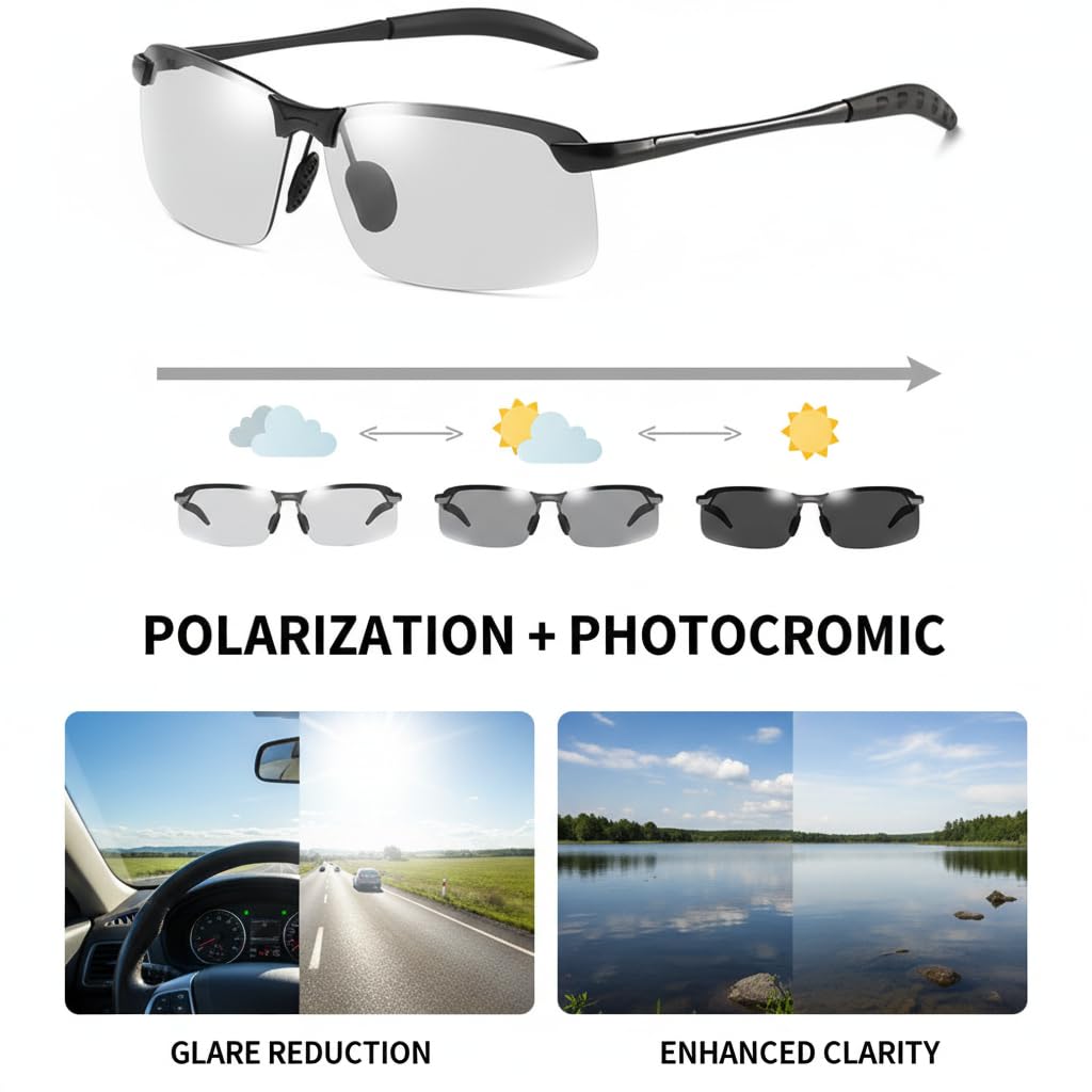 Jowxsx Photochrome polarisierte Sonnenbrille, UV400, Sport-Sonnenbrille, Tag-/Nachtbrille, ultraleicht, Radfahren, Sonnenbrille, Sonnenbrille und Sonnenbrille